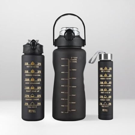 Motivational Water Bottle, Sipper Bottle for Adults,Time Marker & Straw, 2 litre, 700ml, 280ml (BLACK COLOUR) (3 PCS SET)