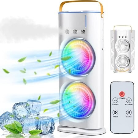 Double Spray Table Fan, Cold Air Fan 1800mAh, 3 Gears USB Rechargeable Oscillating Cooler fan with LED Light, Touch & Remote Control, Ice Filling Water Tank 280ml for Home Kitchen
